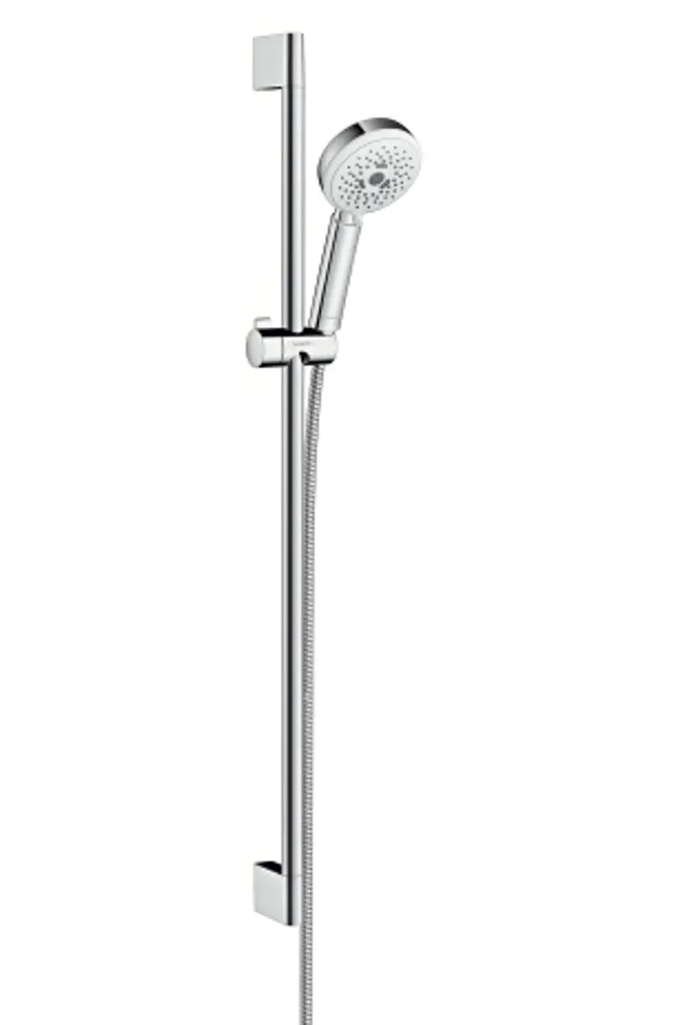 Hansgrohe Duschset mit Halterung und Brausekopf, montiert an einer vertikalen Stange, in Chrom- und Weißtönen. Flexible Brauseschlauch sichtbar.